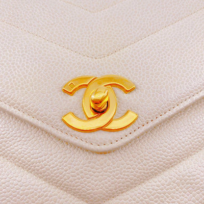 Chanel Cream Vintage Caviar Leather V Stitch Shoulder Bag