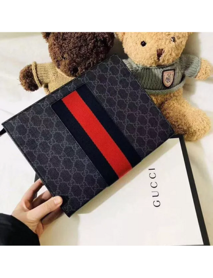Gucci GG Supreme canvas clutch bag with striped webbing