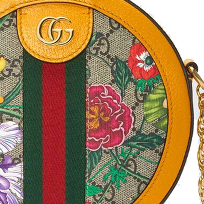 (WMNS) GUCCI Ophidia Flowers Printing Logo Stripe Webbing Canvas Chain Shoulder Messenger Bag Mini / Yellow / Multi-Color 550618-92YAC-9781