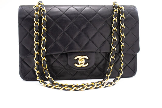 CHANEL Classic Double Flap 10" Chain Shoulder Bag Black Lambskin