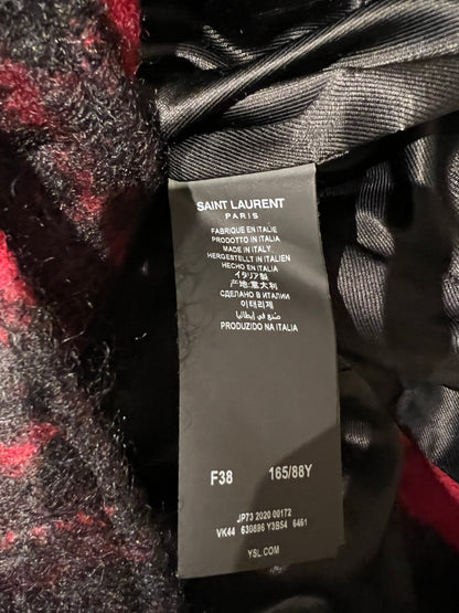 Saint Laurent Red & Black Lumberjack Jacket with Leather Fringe and Belt Details Size FR 38 (UK 10)