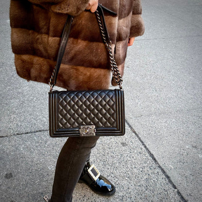 Chanel Medium Black Lambskin Ruthenium Hardware Le Boy Flap Bag