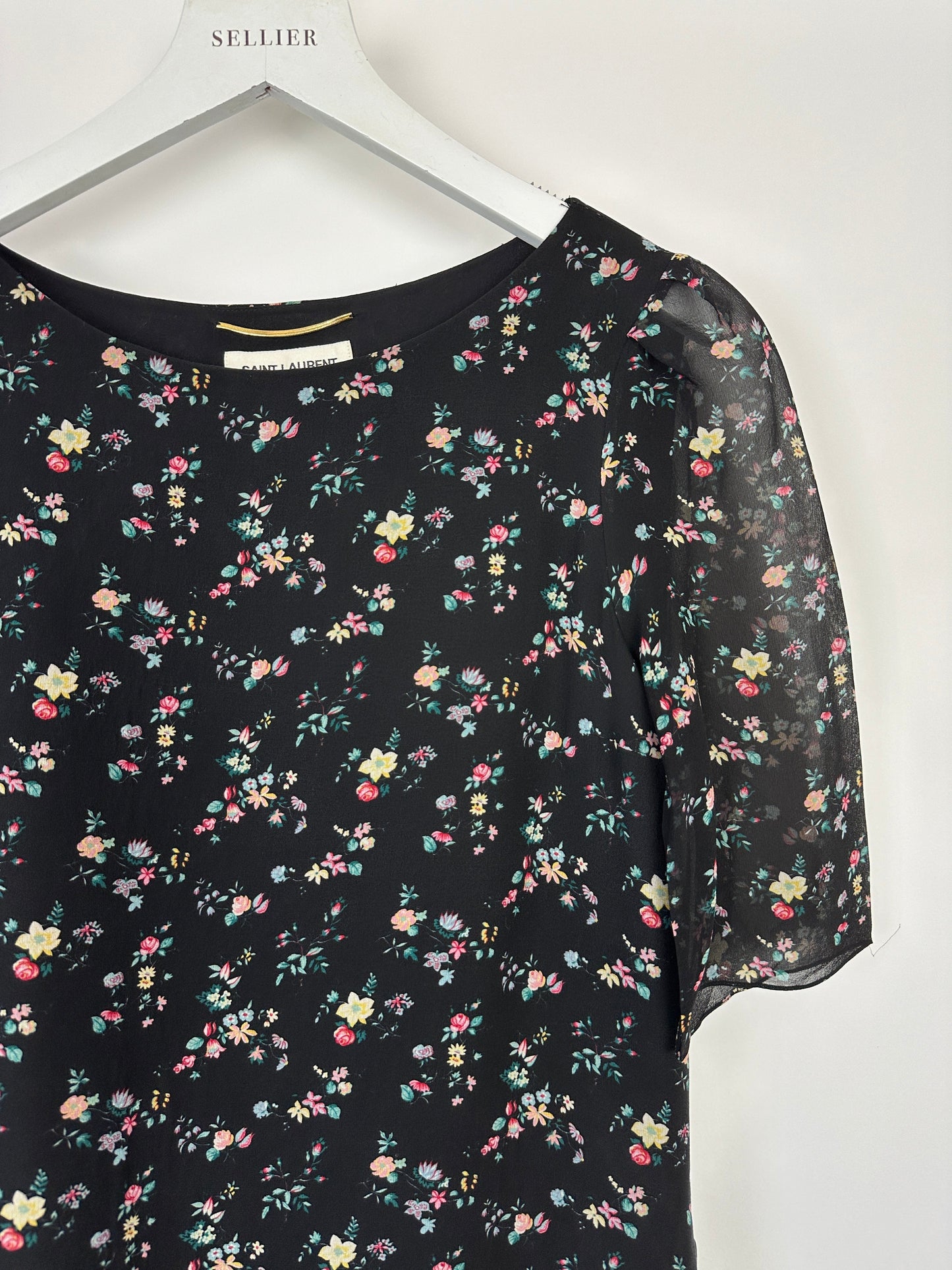 Saint Laurent Black Floral Print Short Sleeve Silk Dress With Ruffle Detail Size FR 36 (UK 8)