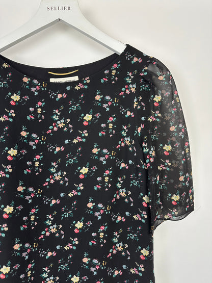 Saint Laurent Black Floral Print Short Sleeve Silk Dress With Ruffle Detail Size FR 36 (UK 8)