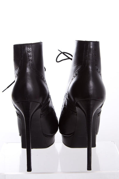Yves Saint Laurent Black Leather Lace-Up Pointed-Toe Boots SZ 39