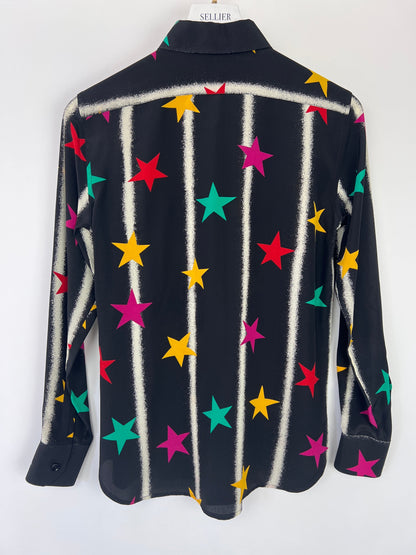 Saint Laurent Black Long-sleeve Silk Shirt With Multicolour Star Print Size FR 36 (UK 8)