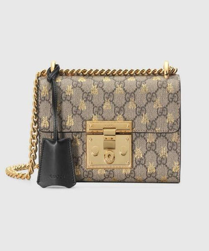Gucci Padlock Small GG Bees Shoulder Bag Beige Ebony
