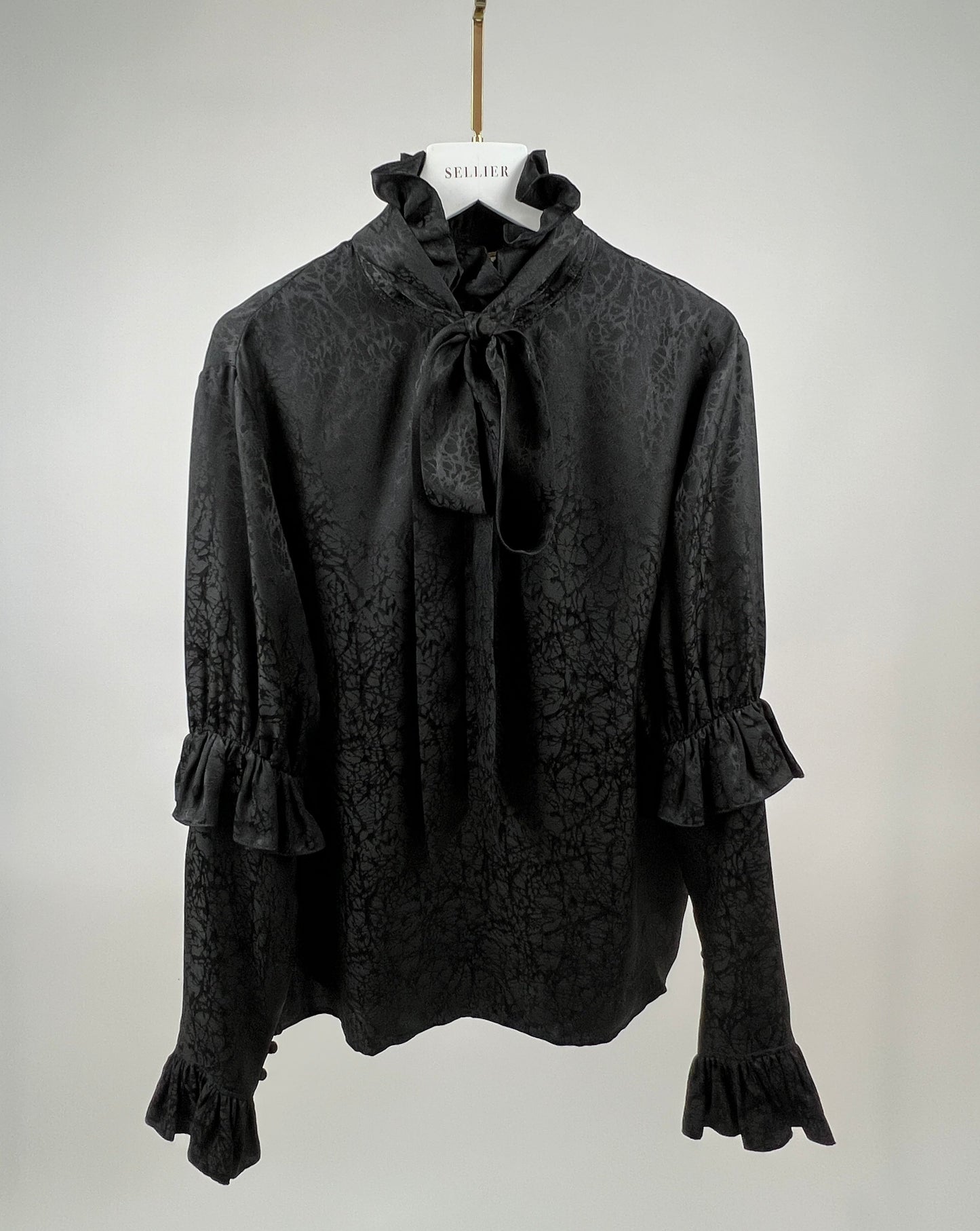 Saint Laurent Black Textured Silk Blouse with Neck Ruffle Detail, Sleeve Ruffle Detail, and Neck Tie Detail Size FR 38 (UK 10)