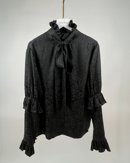 Saint Laurent Black Textured Silk Blouse with Neck Ruffle Detail, Sleeve Ruffle Detail, and Neck Tie Detail Size FR 38 (UK 10)