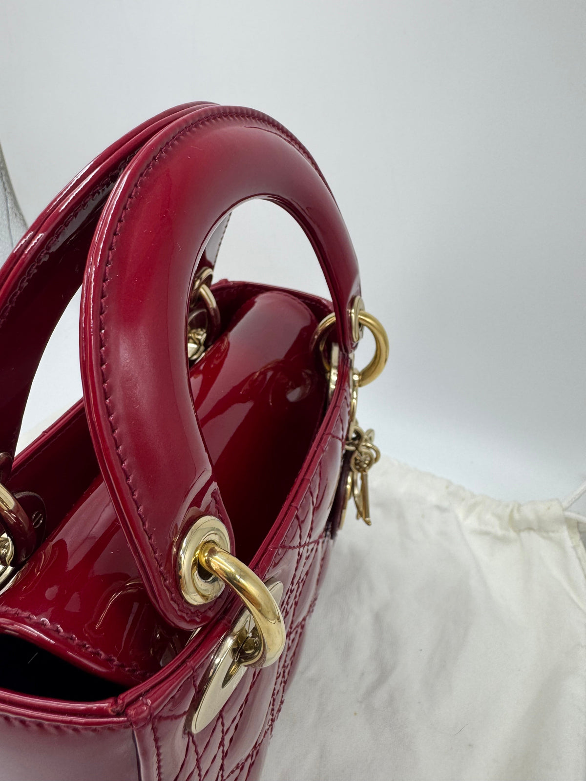 Pre-owned Certified Lady Dior Mini Dark Cherry Red Patent Leather Golden Hardware, 2017, w/ full set