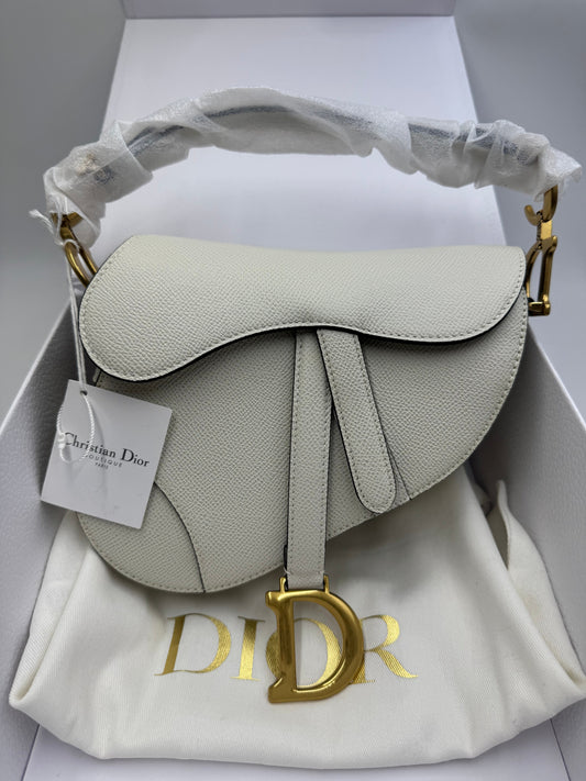 Pre-owned Certified Not Used with Tags Dior Saddle Mini in White Grained Calfskin with Golden Hardware, 2022, w/ full set