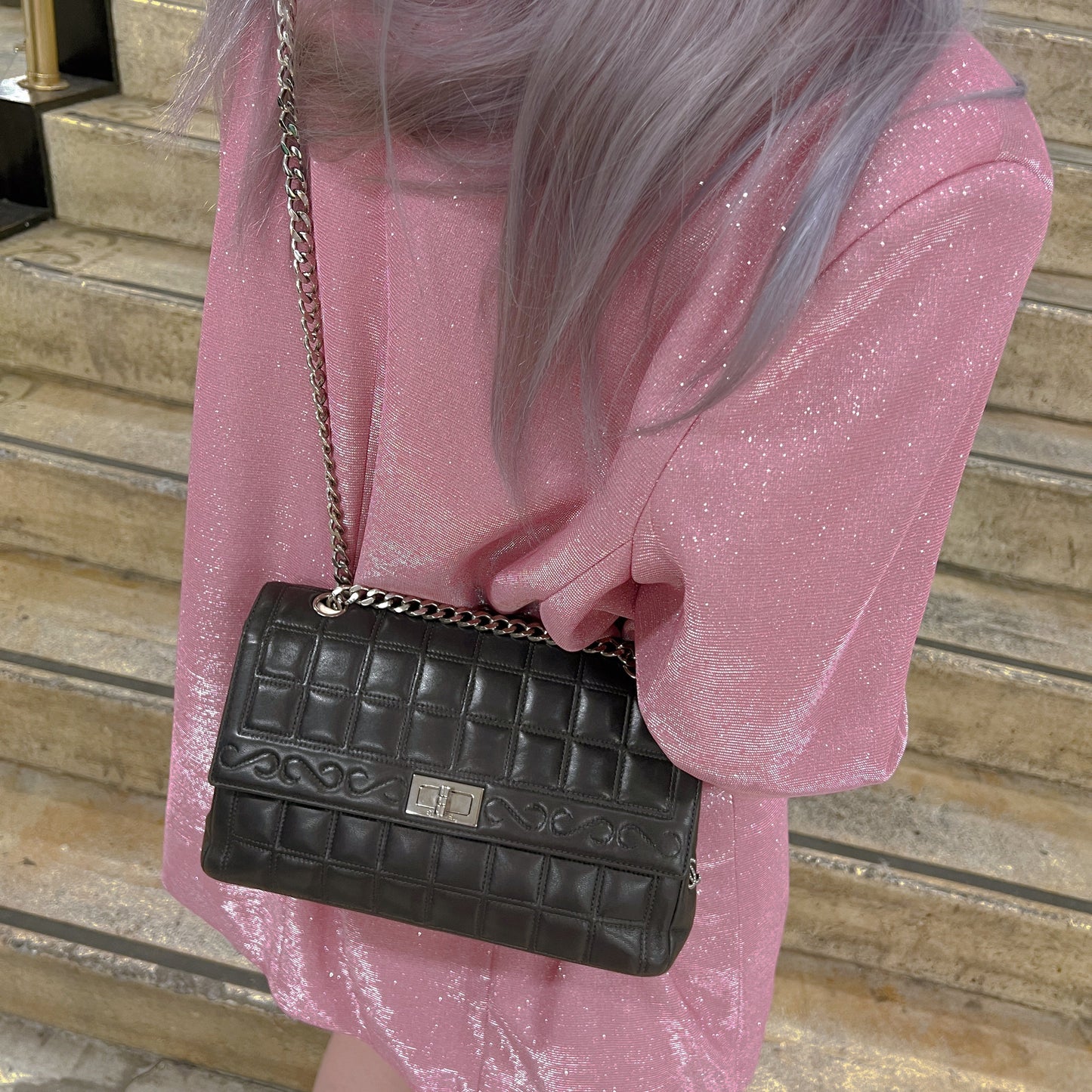 Chanel 2.55 chocolate bar rhinestone chain shoulder bag TWS