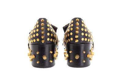 Gucci Black and Gold Studded Polly Leather Heeled Loafer SZ 38