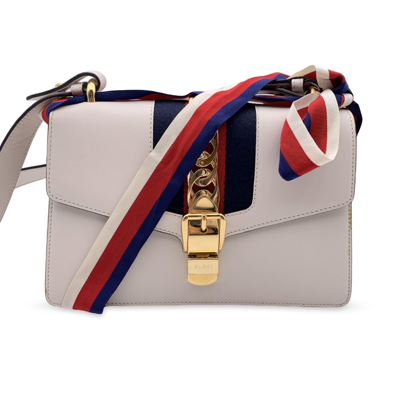 GUCCI White Leather Sylvie Small Signature Web Shoulder Bag