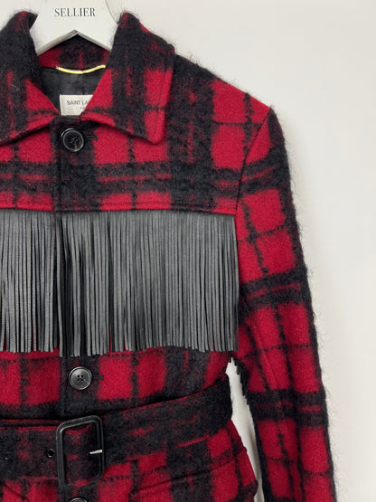 Saint Laurent Red & Black Lumberjack Jacket with Leather Fringe and Belt Details Size FR 38 (UK 10)