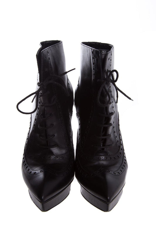 Yves Saint Laurent Black Leather Lace-Up Pointed-Toe Boots SZ 39