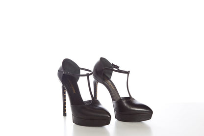 YSL Black T-Strap Studded Heels. SZ 36