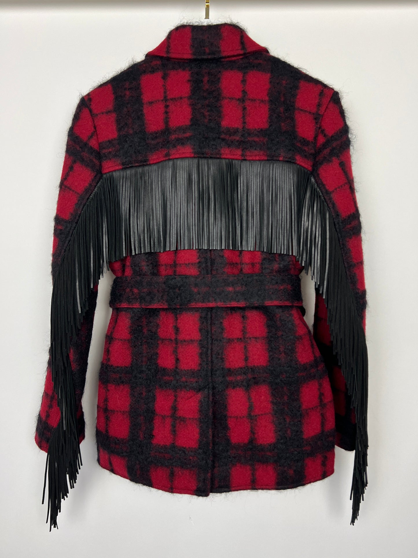 Saint Laurent Red & Black Lumberjack Jacket with Leather Fringe and Belt Details Size FR 38 (UK 10)