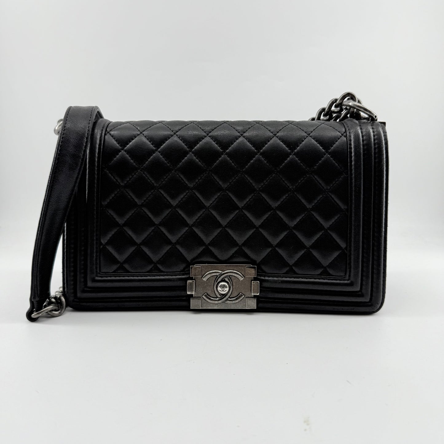 Chanel Medium Black Lambskin Ruthenium Hardware Le Boy Flap Bag