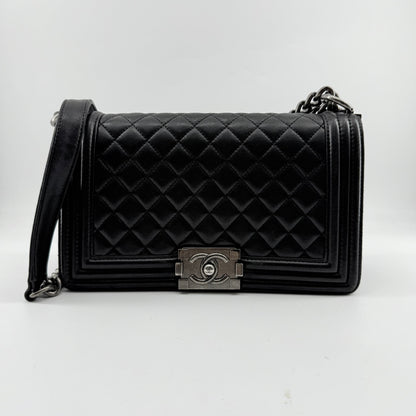 Chanel Medium Black Lambskin Ruthenium Hardware Le Boy Flap Bag