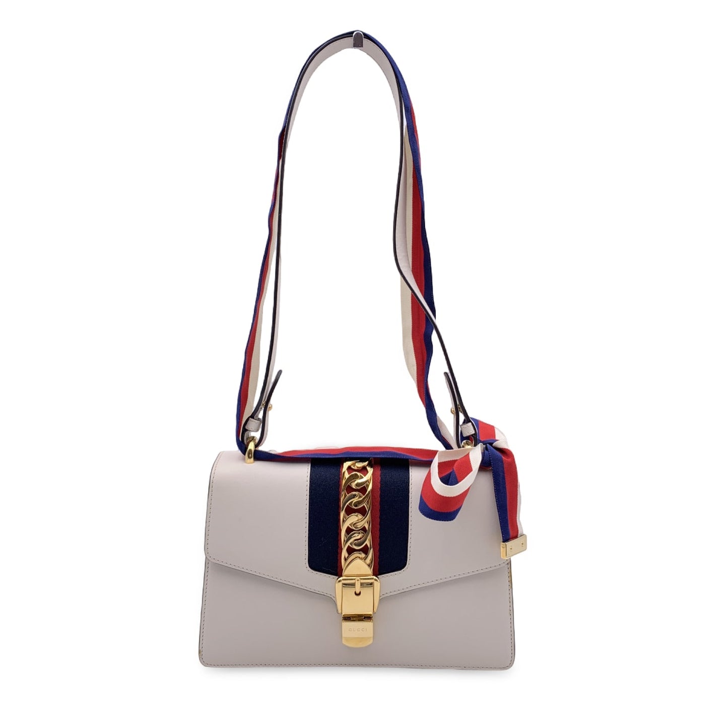 GUCCI White Leather Sylvie Small Signature Web Shoulder Bag