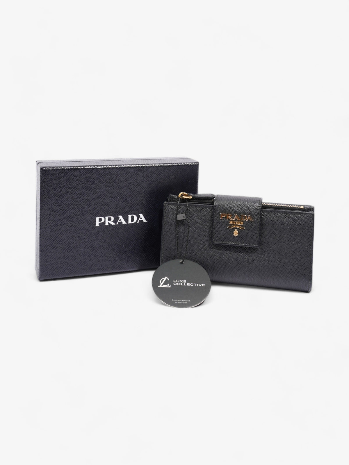 Prada Logo Buckle Wallet Black Saffiano Leather Medium
