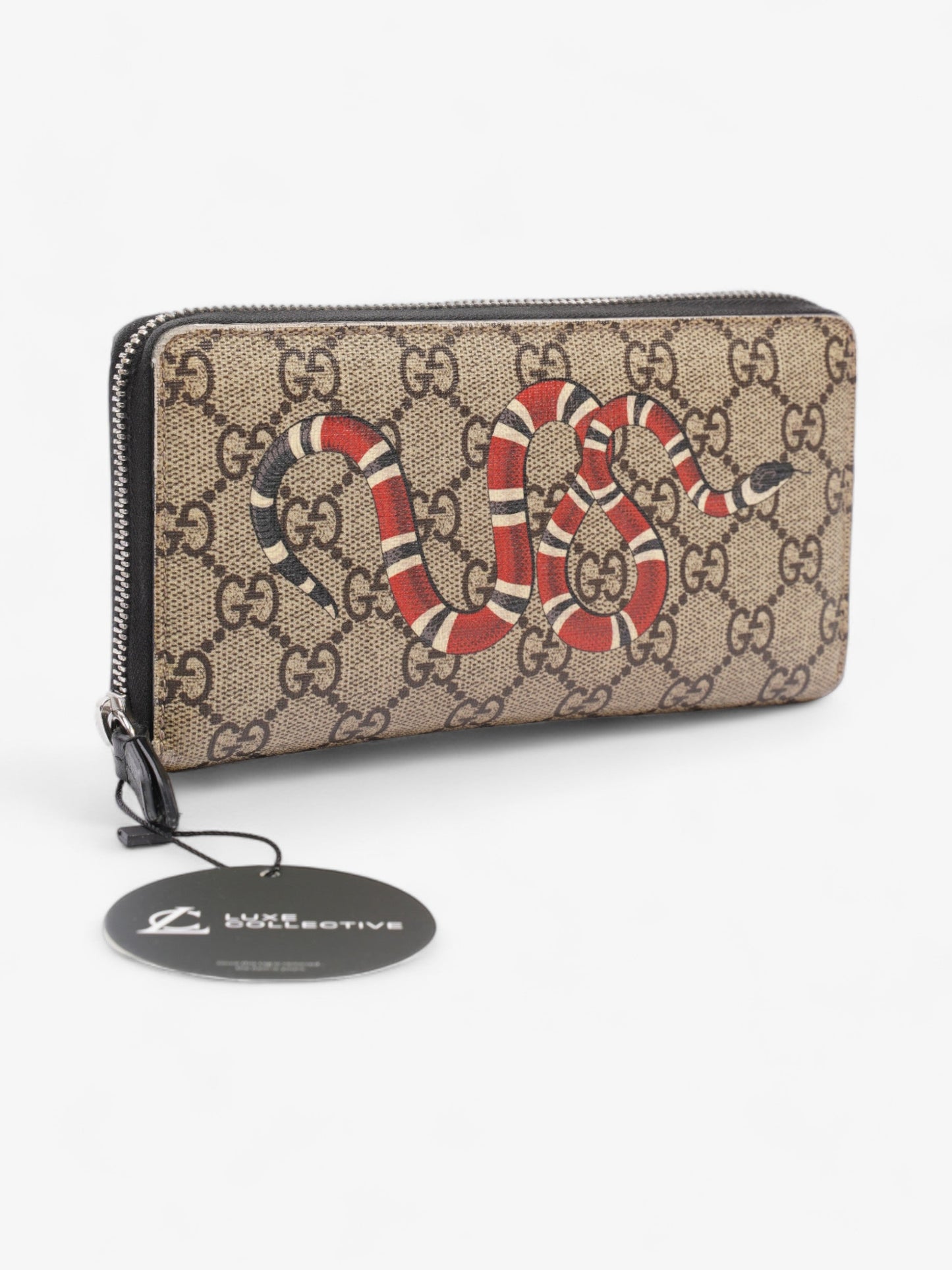 Gucci Snake Zip Around Wallet Beige And Ebony GG Supreme Coated Canvas