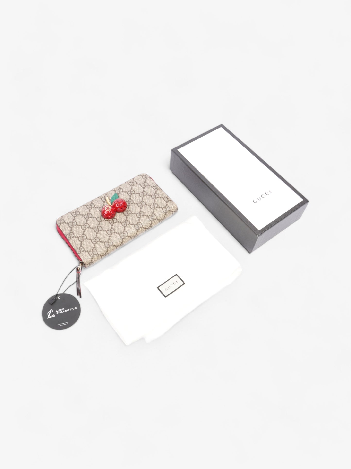 Gucci Zip Around Cherry Wallet Beige And Ebony GG Supreme / Red Coated Canvas