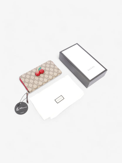 Gucci Zip Around Cherry Wallet Beige And Ebony GG Supreme / Red Coated Canvas