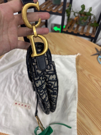 Pre-owned Dior Saddle Medium in Blue Oblique Canvas, Full Set