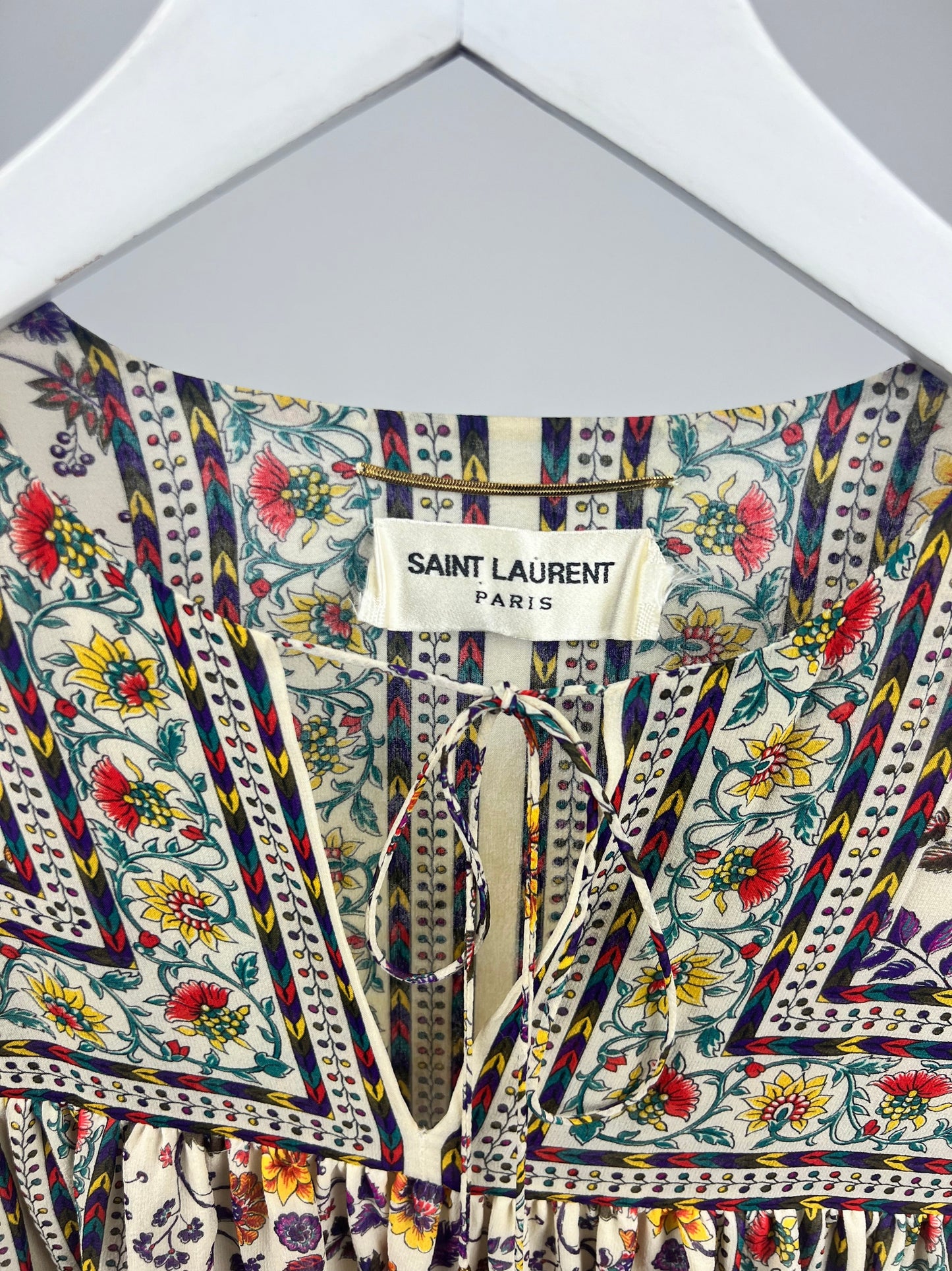 Saint Laurent Cream Silk Tunic Dress with Multi-Colour Floral Pattern Detail Size FR 36 (UK 8)