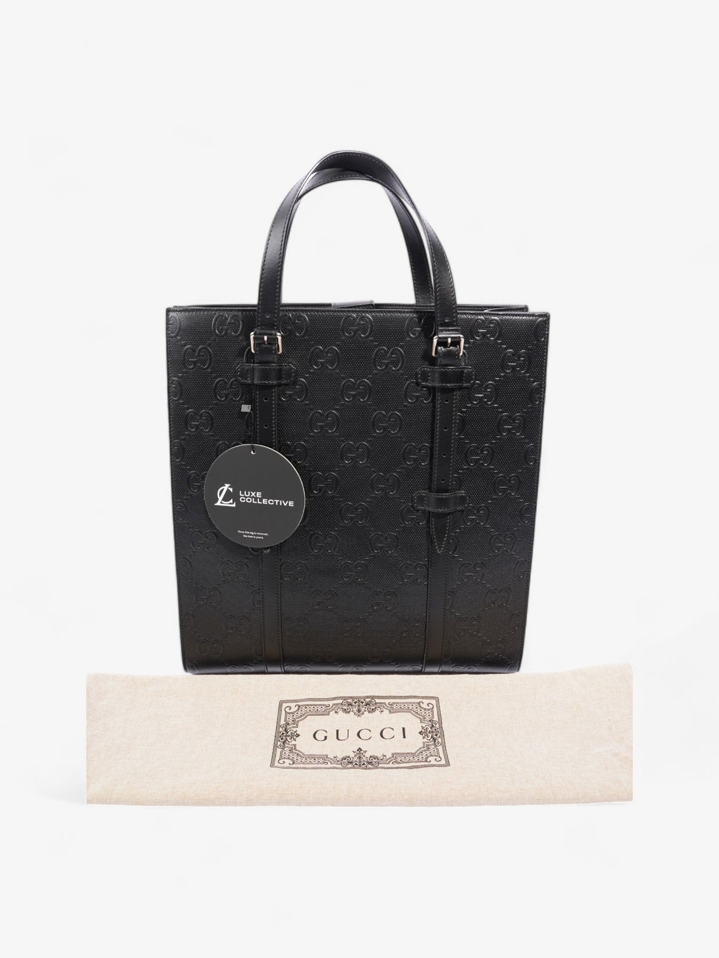 Gucci GG Tote Bag Black Embossed Leather Medium