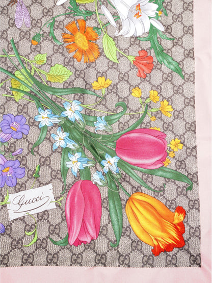 Gucci GG Flora Print Scarf Pink / GG Supreme / Multicolour Silk 90 x 90cm