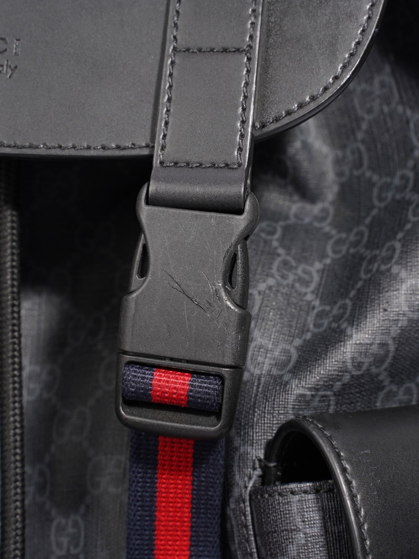 Gucci Gucci Leather Backpack GG Supreme / Black / Red Canvas