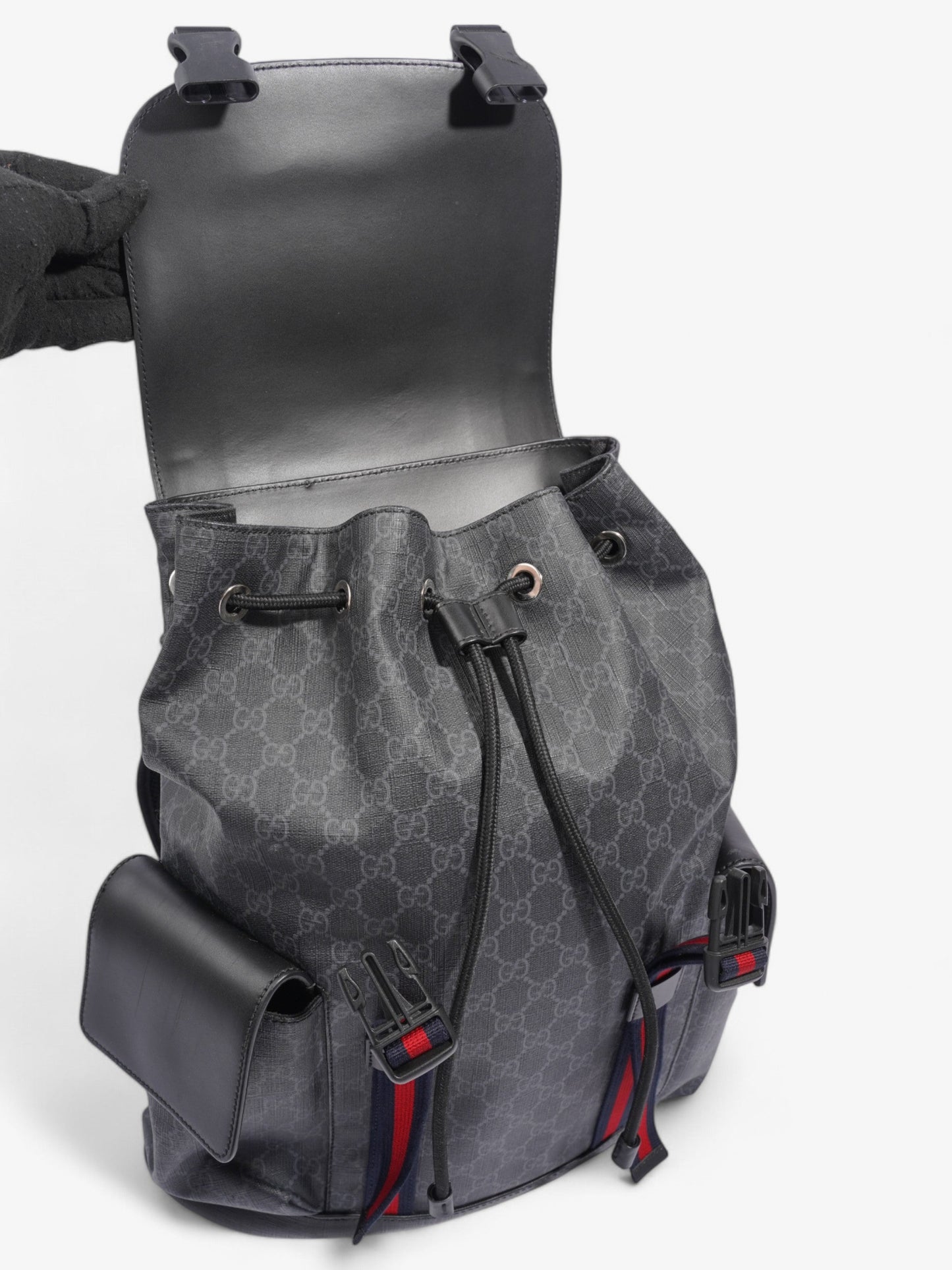Gucci Gucci Leather Backpack GG Supreme / Black / Red Canvas