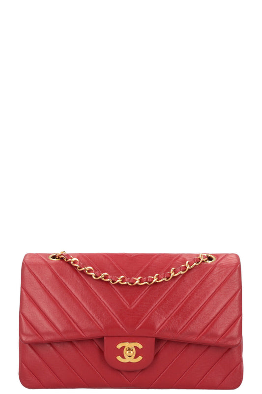CHANEL Chevron Double Flap Bag Leather Red