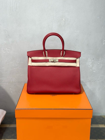 Pre-owned Certified Hermes Birkin 35 in Q5 Rouge Casaque Togo Leather with Silver Hardware, 2009, w/ full set