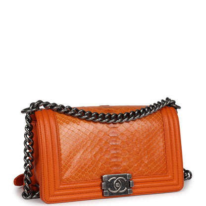 Pre-owned Chanel Medium Boy Bag Orange Python Aged Ruthenium Hardware