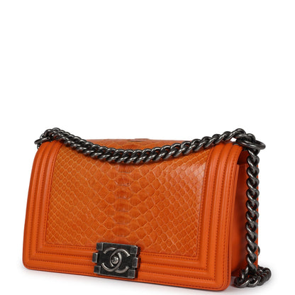 Pre-owned Chanel Medium Boy Bag Orange Python Aged Ruthenium Hardware