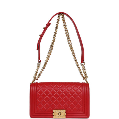 Pre-owned Chanel Medium Boy Bag Red Lambskin Antique Gold Hardware