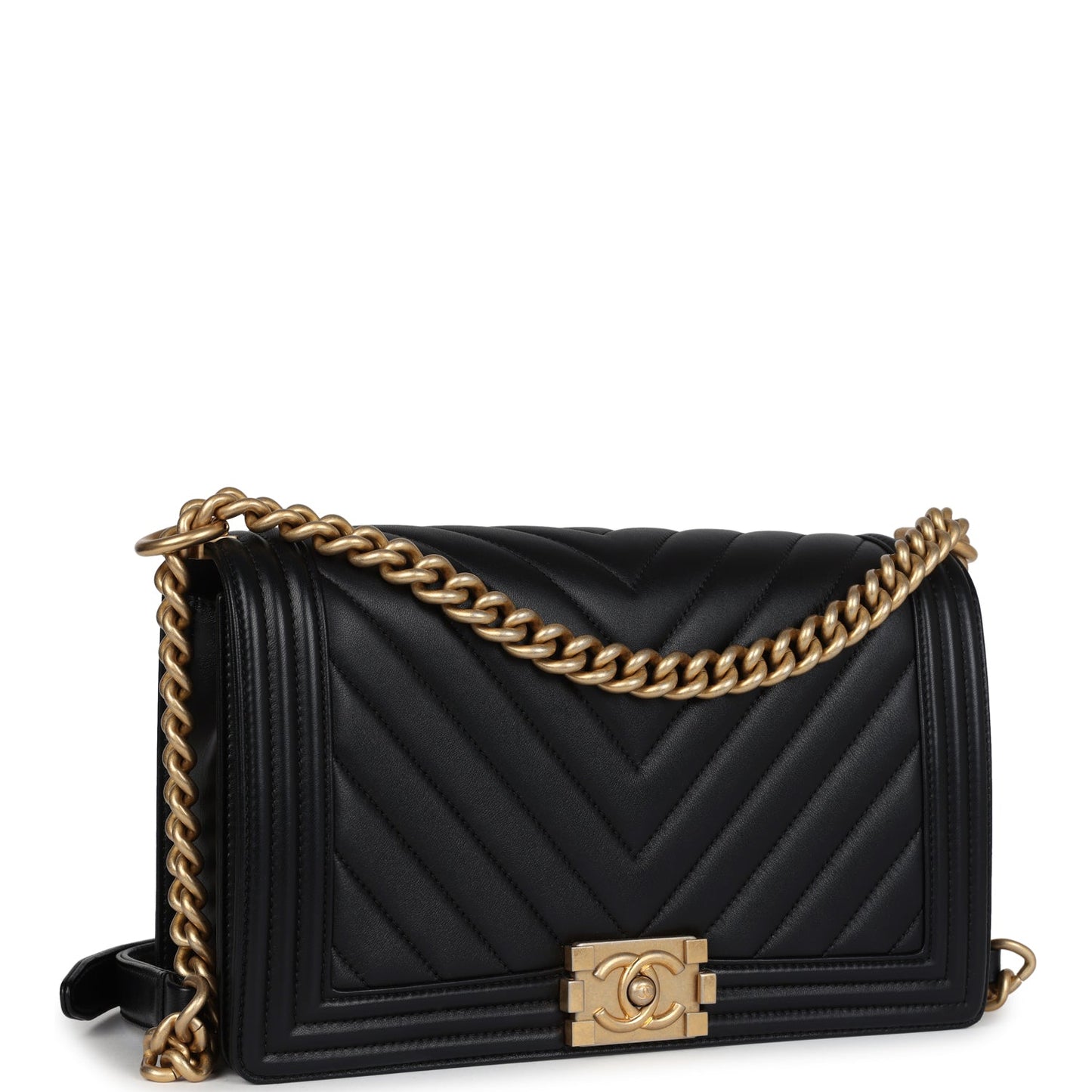 Pre-owned Chanel New Medium Chevron Boy Bag Black Calfskin Antique Gold Hardware