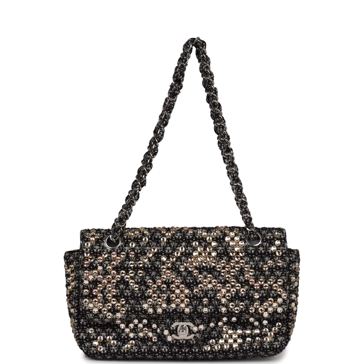 Pre-owned Chanel Medium Single Flap Black and White Tweed With Crystals Silver Hardware