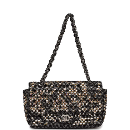 Pre-owned Chanel Medium Single Flap Black and White Tweed With Crystals Silver Hardware