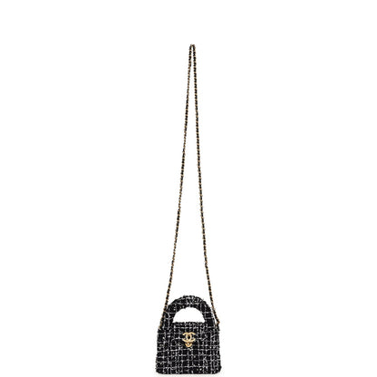 Chanel Nano Kelly Shopper Black, White & Sequin Tweed Brushed Gold Hardware