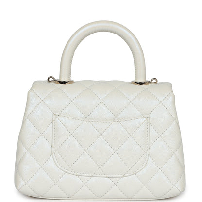 Chanel Mini Coco Handle Flap Bag Ivory Pearly Iridescent Caviar Light Gold Hardware