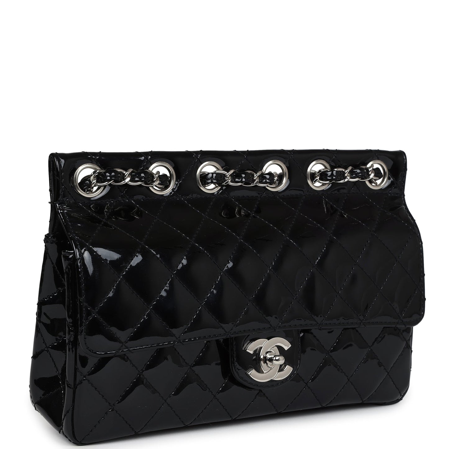Vintage Chanel Chain Through Flap Bag Black Patent Silver Hardware