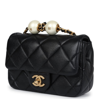 Chanel Mini Square Pearl Flap Bag Black Lambskin Brushed Gold Hardware