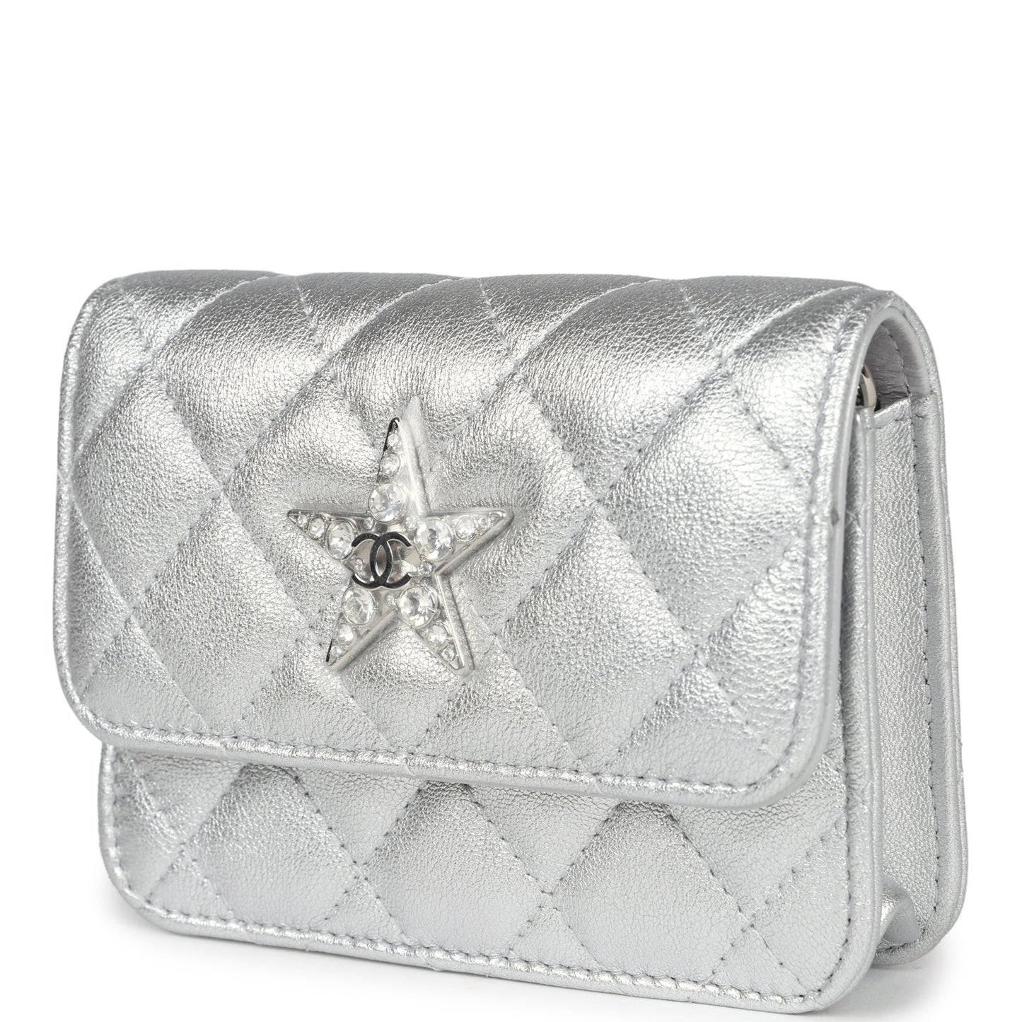 Chanel Crystal CC Walk Of Fame Clutch Silver Metallic Goatskin Silver Hardware