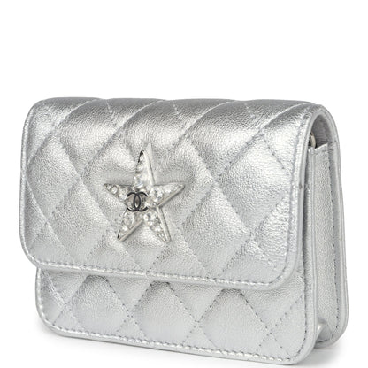 Chanel Crystal CC Walk Of Fame Clutch Silver Metallic Goatskin Silver Hardware