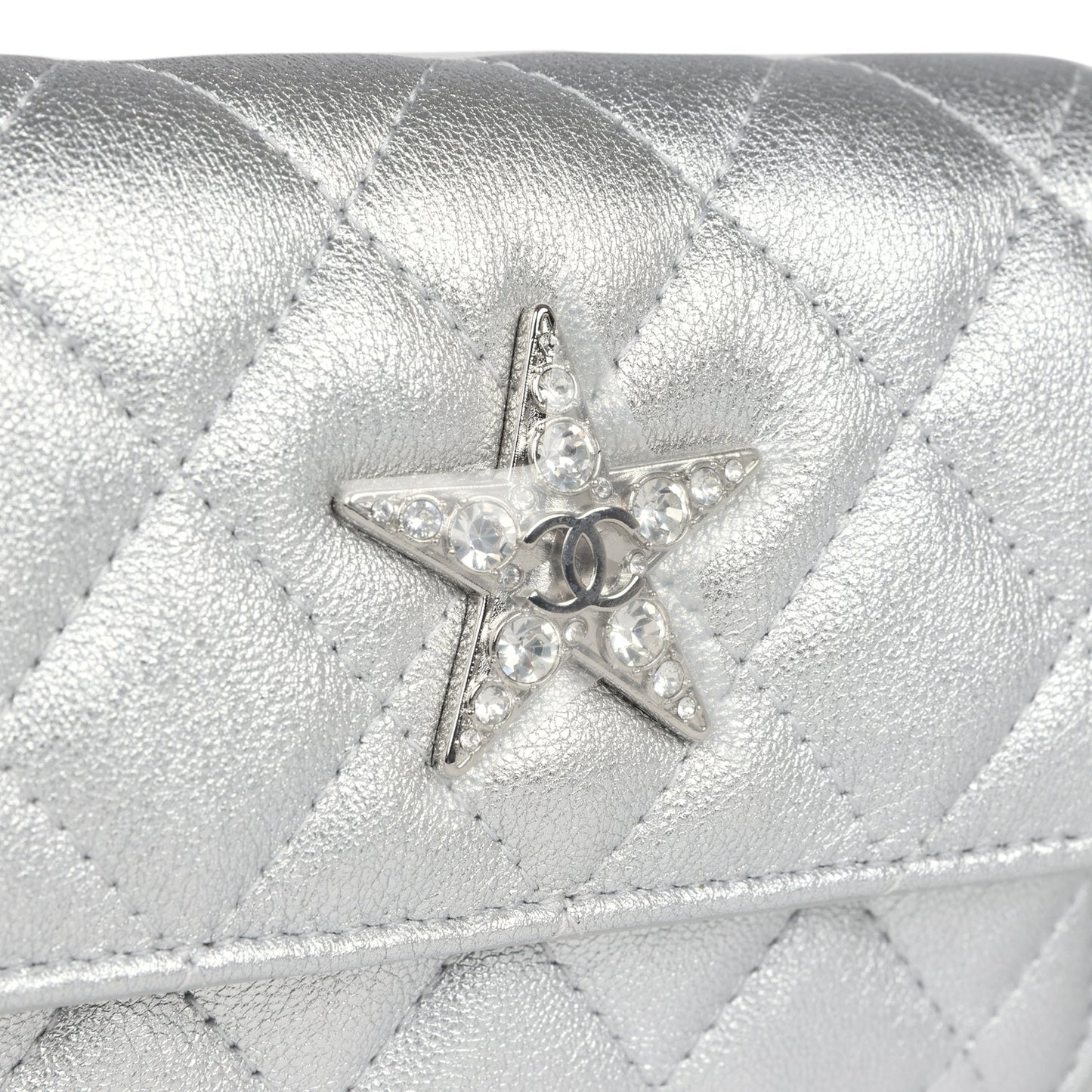 Chanel Crystal CC Walk Of Fame Clutch Silver Metallic Goatskin Silver Hardware
